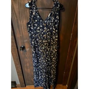 Baileys Blossoms Womens Floral Sleeveless V-Neck Wide Leg Jumpsuit Navy Blue L